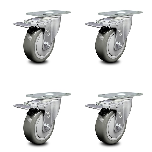 4 Inch Gray Polyurethane Swivel Top Plate Caster Set with Total Lock Brake SCC